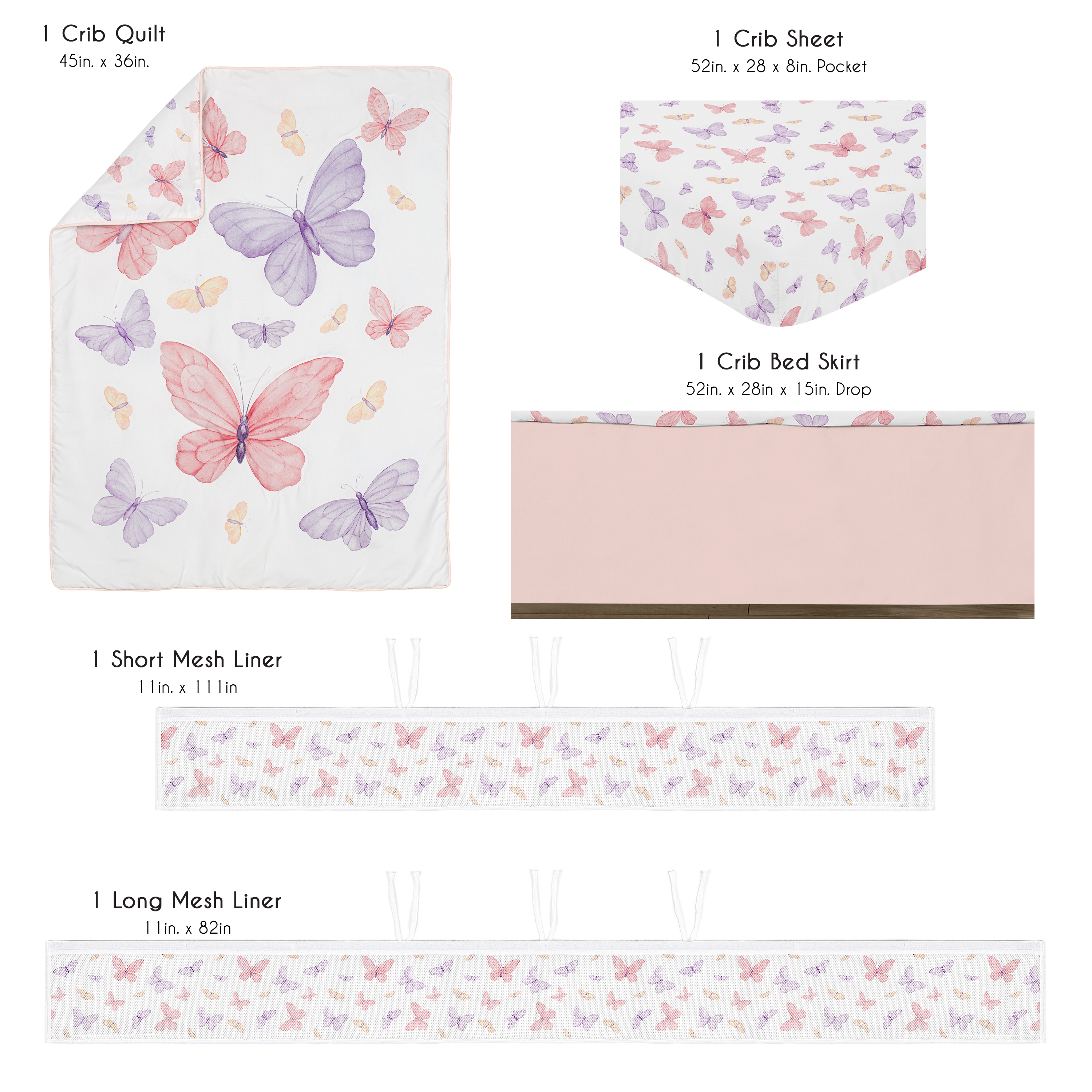 Sweet Jojo Designs Butterfly Blush Pink and Purple Girl Crib Bedding + BreathableBaby Breathable Mesh Liner
