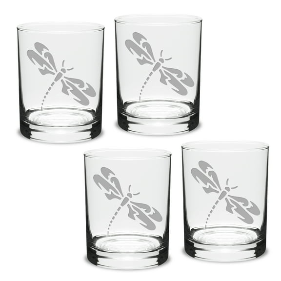 Dragonfly Deep Etched Double Old Fashion Glass Set of 4