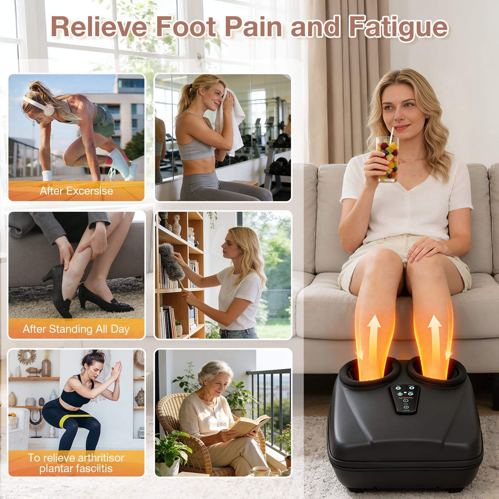 Shiatsu Foot Massager with Heat, Electric Foot Massager Machine for Plantar Fasciitis Neuropathy with Remote Control, Adjustable Vibration and Compression (Black)