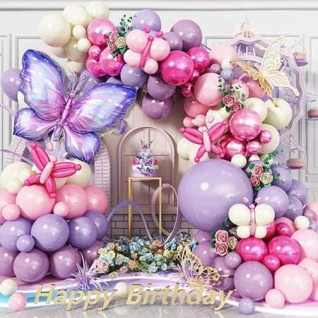 Butterfly Balloon Arch Kit, 135 PC Purple and Purple Butterfly Fairy Birthday Balloons Garland, Metallic Pink Cream Balloons Foil Balloons, Fairy Theme Baby Shower Birthday Decorations for Girls