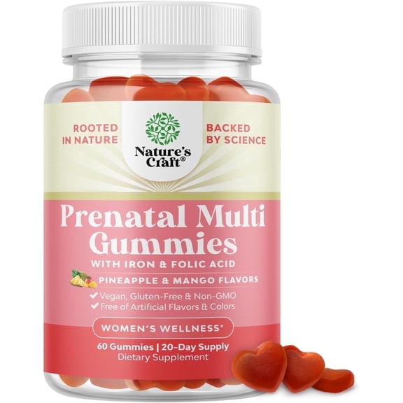 Natures Craft Prenatal Vitamins with Iron and Folic Acid for Women, Pineapple Mango, 60 Gummies