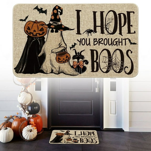 Ghost Pumpkins Cat Halloween Doormat, I Hope You Brought Boos Spider Web Home Decor Low-Profile Switch Rug Door Mat Floor Mat for Indoor Outdoor 16x24 Inch