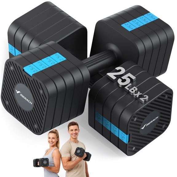 MERACH 50LBS Adjustable Dumbbell Set, 5 in 1 Free Hand Weights for Home Gym, 25 lbs, Set of 2, Black&Blue