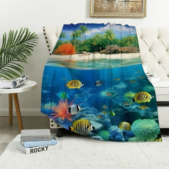 BCIIG Underwater World Sherpa Blanket Hawaii Style Ocean Animal Flannel Fleece Throw Blanket Sofa Couch Tropical Coconut Tree Ultra Soft Bed Blanket Blue Blanket for All Season 40x50in