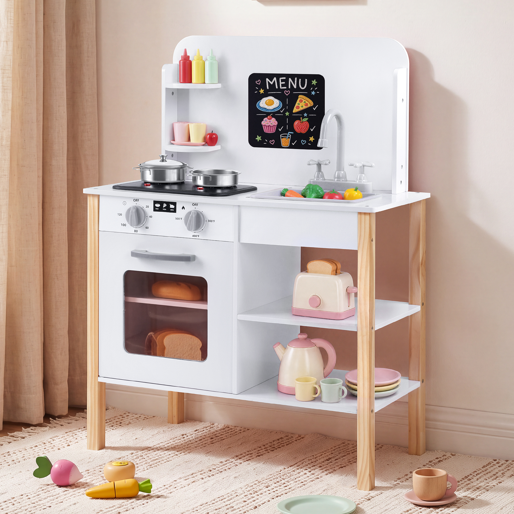 Yexmas Wooden Play Kitchen with Chalkboard and Accessories photo 1