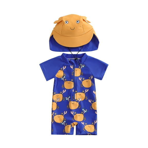 Qmyliery Toddler Boys Rash Guard Swimsuit Crab Print Short Sleeve Mock Neck Zip Bathing Suit with Swim Cap 3 6 12 18 24 Months 3 Years