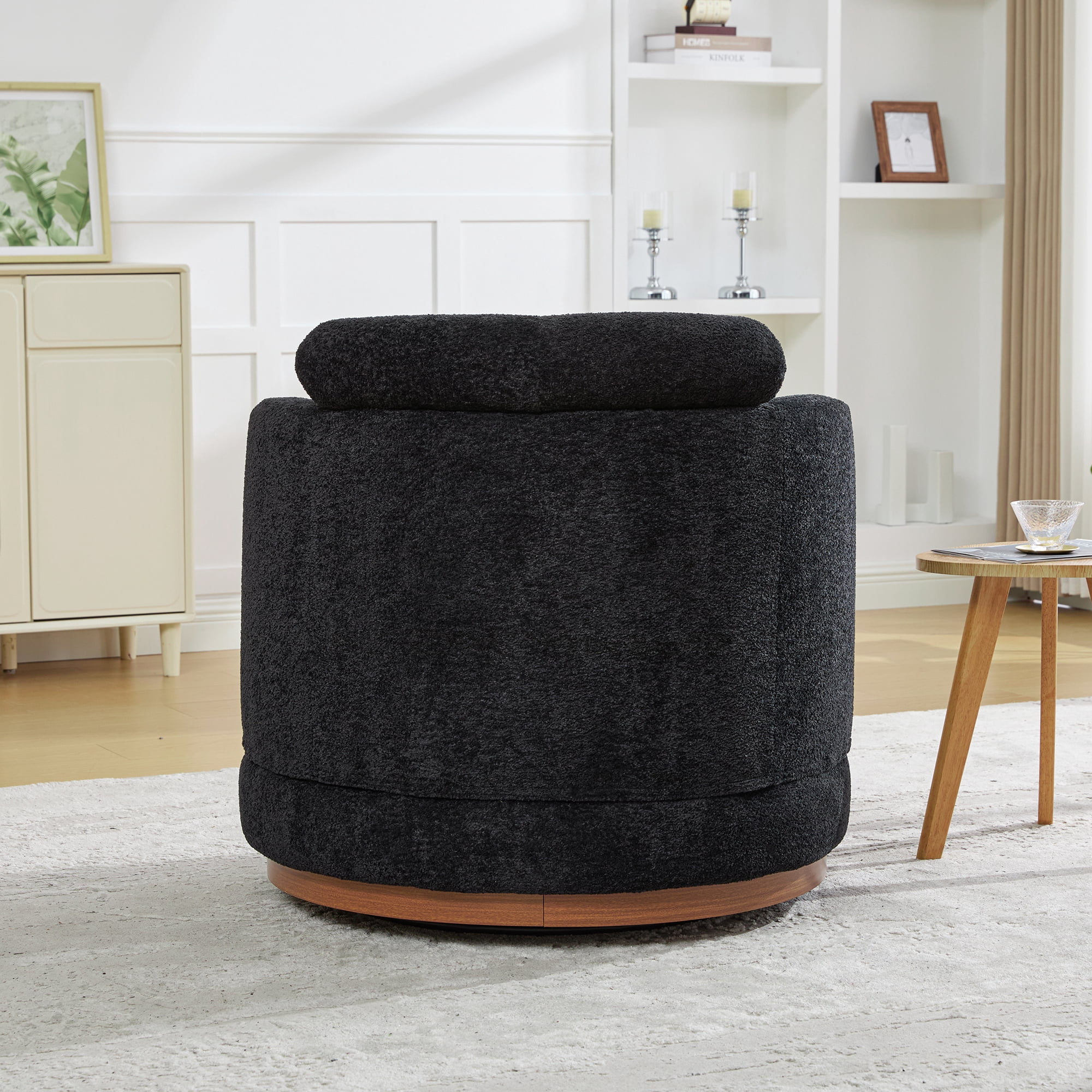 Leumius 360°Swivel Barrel Chair with 1 Plump Pillow and a Circular Wooden Base Ring, Round Chair with Removable Cushion for Living Room Bedroom Apartment,Black