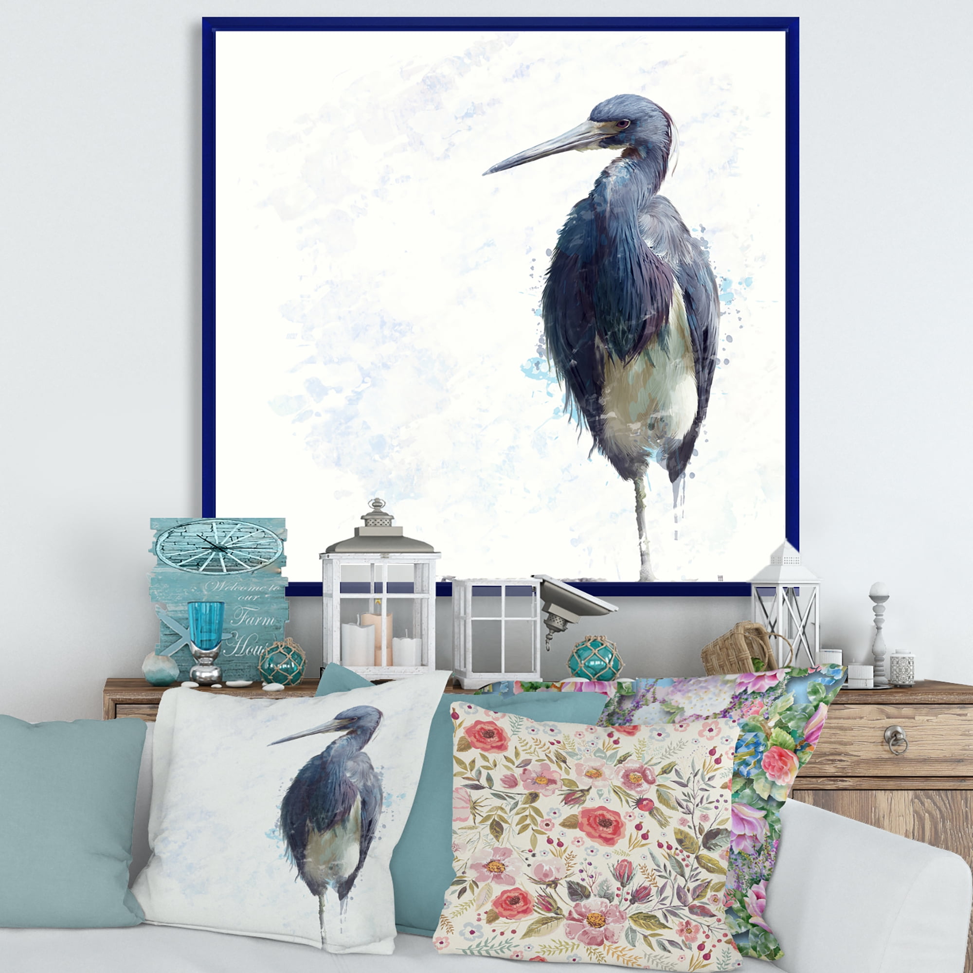 Designart 'Tricolored Heron Bird On White' Farmhouse Framed Canvas Wall Art Print