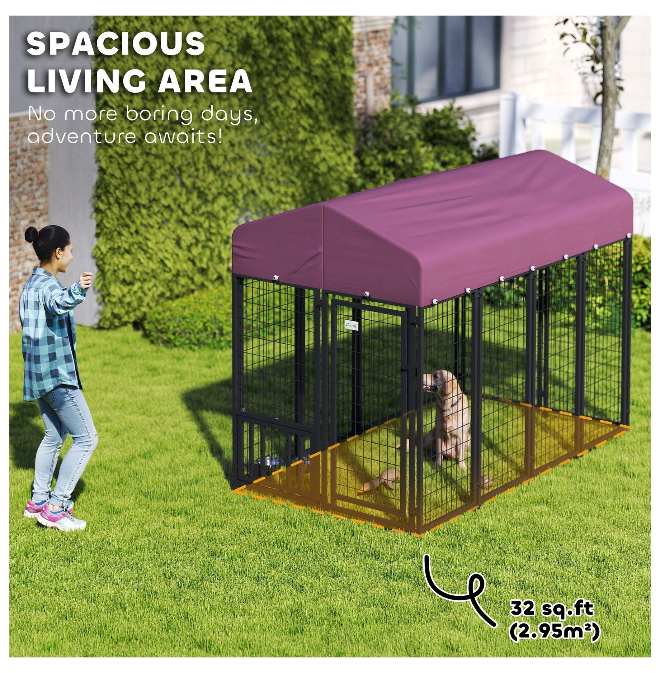 Welded Wire Dog Kennel, Outdoor Dog Run with Cover, 7.9'x4'x6', 360° Rotating Bowls, Adjustable Height, Lockable Gate, Heavy Duty Steel for Large Dogs up to 66lbs