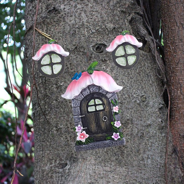 Gnomo de hadas en miniatura, ventana y puerta para árboles, decoración de esculturas de jardín, decoración para habitación de , paredes y árboles rosado DYNWAVEMX Casa de gnomo de hadas