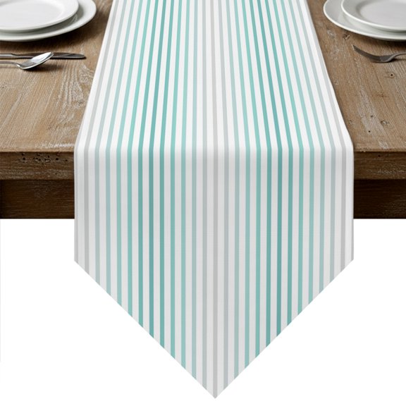 Ombre Teal Grey Striped Table Runner Linen Burlap Table Runner 120 Inches Long Farmhouse Modern Stripes Dresser Scarves for Kitchen Island Coffee Dining Room Party Wedding Holiday Decor 13"x120"