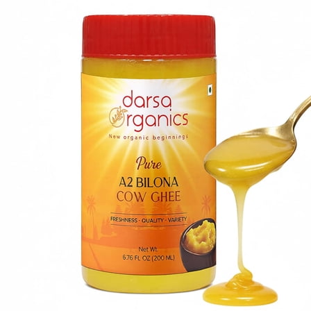 Darsa Organics A2 Bilona Ghee 200ml | Golden Aromatic Grass Fed Ghee | Hand Churned Clarified Butter from Gir Cow Milk | Smooth Nutty Rich Flavor Ghee for Cooking, Baking, and Drizzling