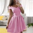 thumbnail image 2 of Dress, Women Solid Color Pleated Off Shoulder Pleated Mini Partywear for Spring, 2 of 8