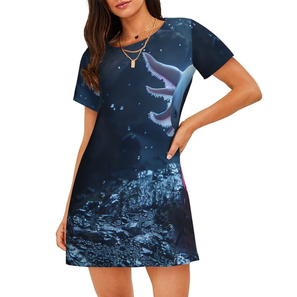 Disketp Heart Axolotl para Camisón Corto de Manga Corta para Mujeres, Camisón Cómodo con Escote Redondo, Bonito y Confortable