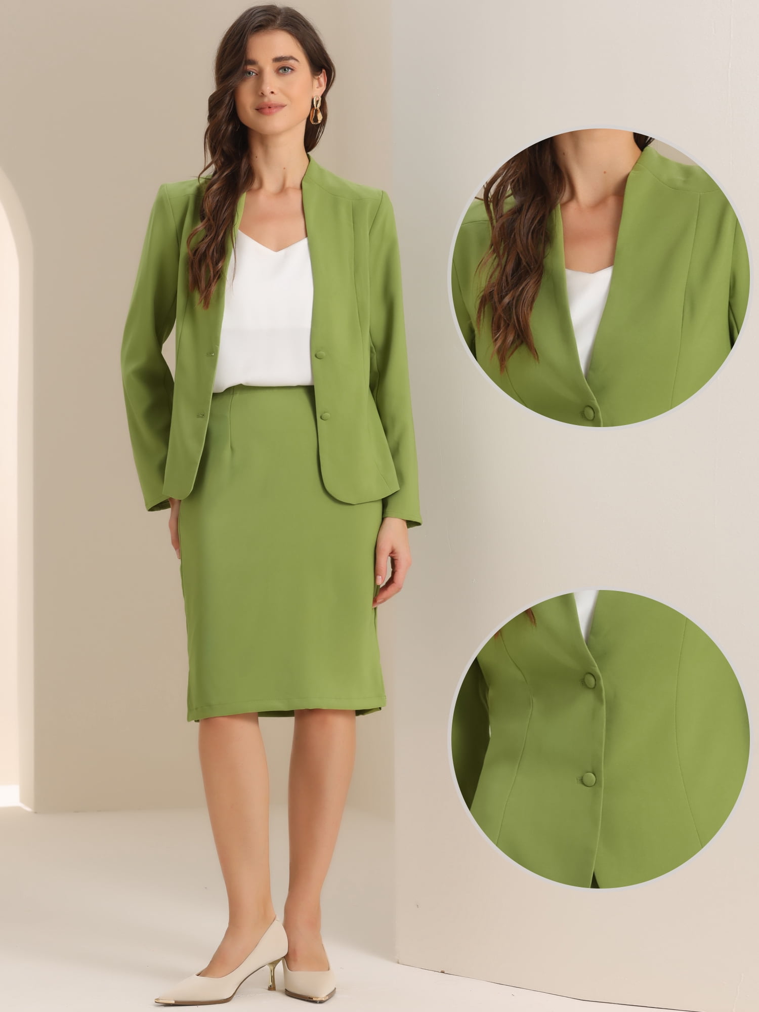 DARING DIVA Women's 2-Piece Business Blazer Pencil Skirt Suit Set M Olive Green