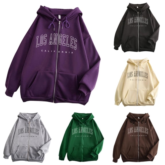 WAYUTE Zip Up Hoodie Women Classic Oversized Long Sleeve Letter Print Hooded Sweatshirt with Pocket Fall Winter Cozy Fashion Outfits Casual Daily Wear,Purple,M