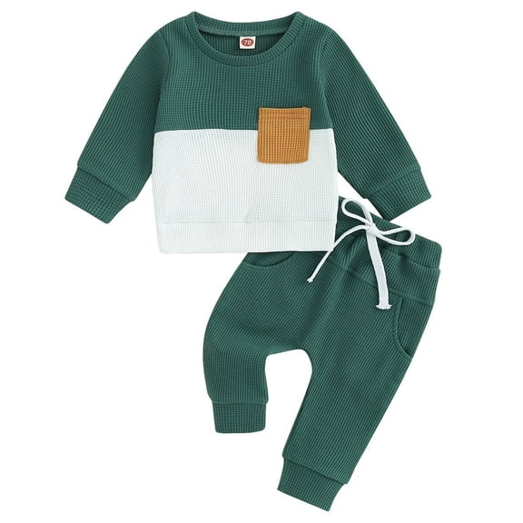 Caqnni Toddler Boys Fall Outfits Contrast Color Crew Neck Long Sleeve Sweatshirts and Long Pants 2Pcs Clothes Set (Green,12-18 Months)