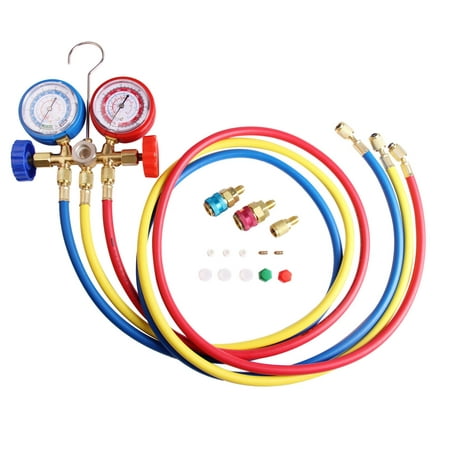 5FT AC Diagnostic Manifold Freon Gauge Set for R134A R12, R22, R502 Refrigerants, with Couplers and Acme