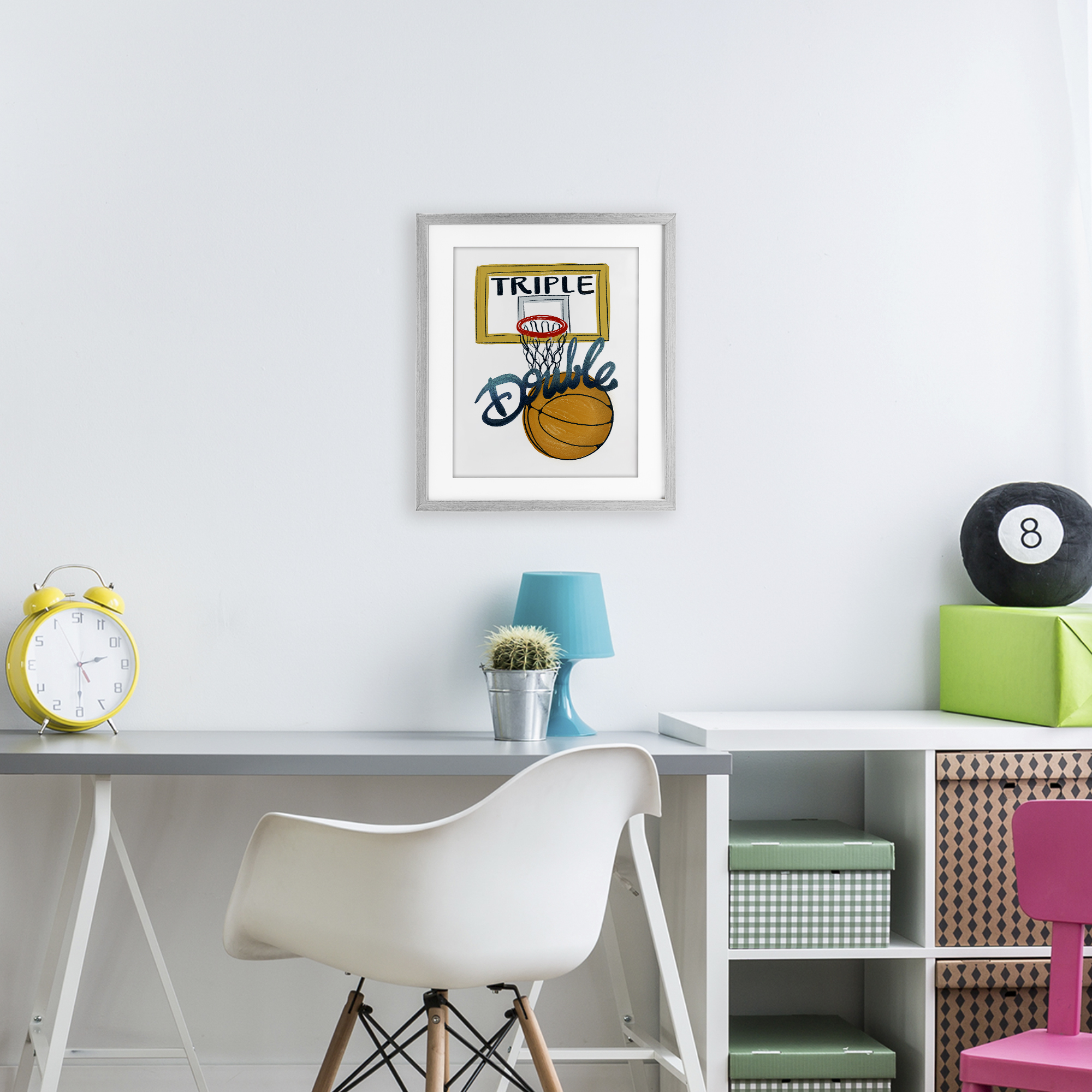 Triple Double Basketball Gray Framed Print Under Glass, design by Connie Summers