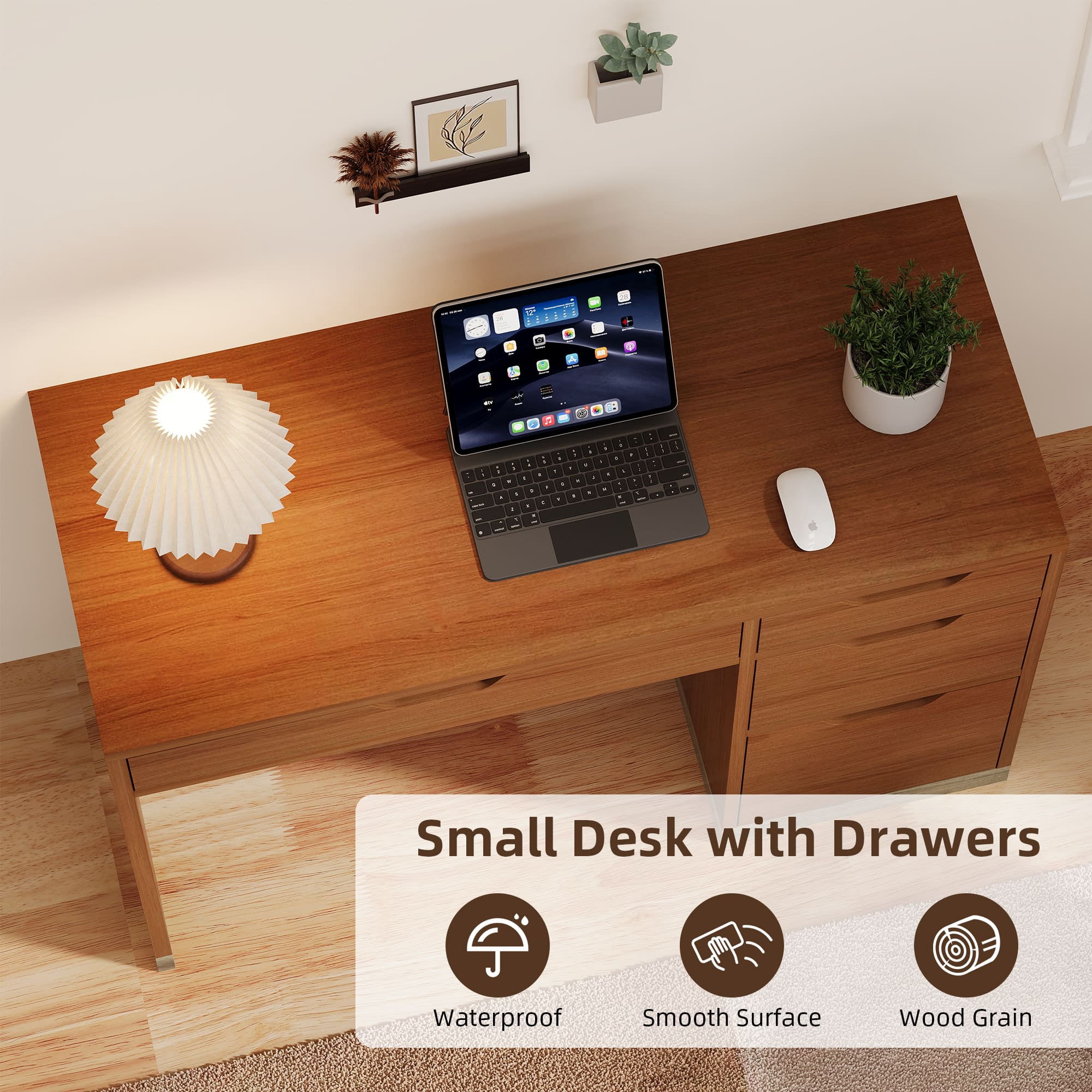 4 EVER WINNER 48" Computer Desk with Drawers, Home Office Writing Desk with Spacious Legroom, Modern Study Desk for Bedroom, Office and Small Spaces，Brown