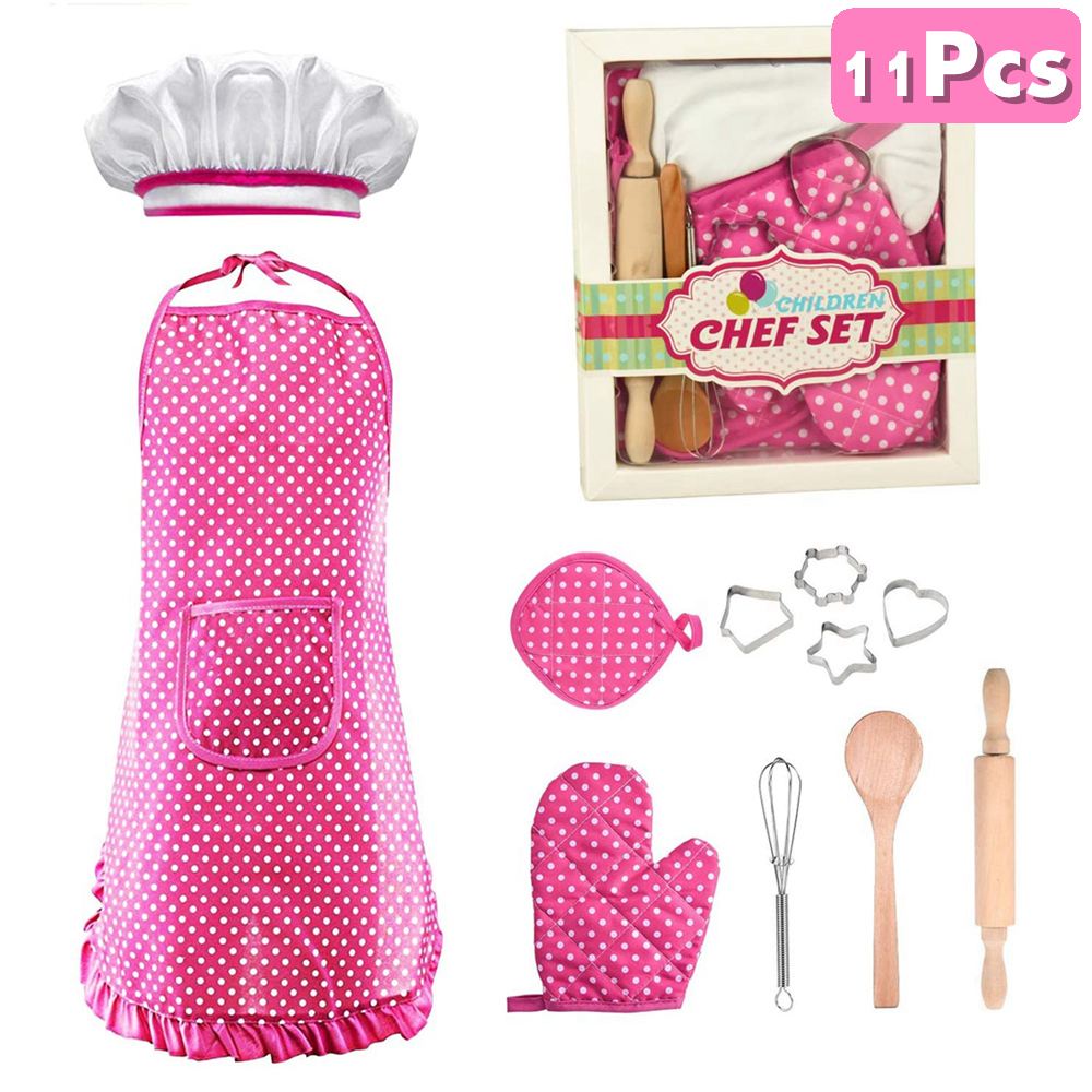 Chef Hat Best Gifts for Kids Age3 Mitt & Utensil Pink DecStore Kids Chef Set,11PCS Kids Cooking and Baking Set,Includes Apron for Little Girls 