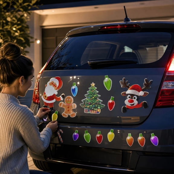 Reflective Christmas Car Magnet Set, PVC Santa Reindeer Tree Gingerbread Light Bulb Decorations for Vehicle Garage Door Holiday Outdoor Decor
