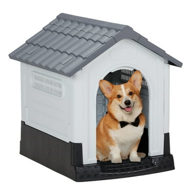 HiiKaa 28inch Dog House Indoor Outdoor,Weatherproof Pet Plastic Dog House for Dogs Cats with Air Vents and Elevated Floor,Gray
