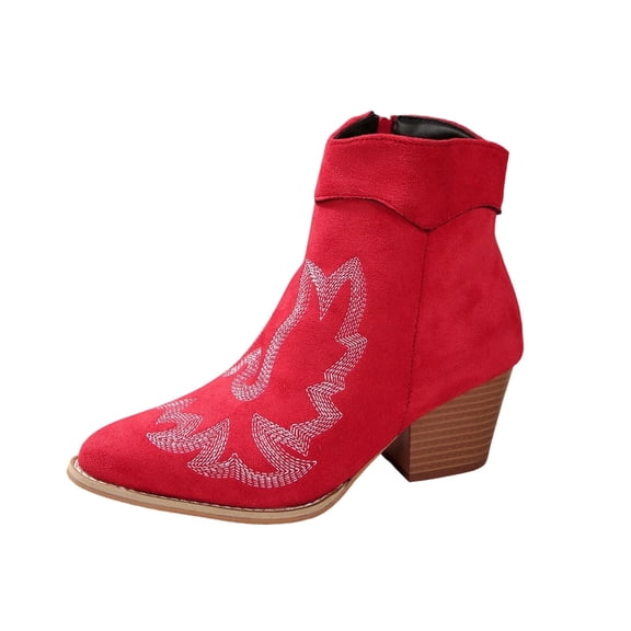 Xfvqtps Womens Ethnic Style Ankle Boots Western Cowboy Boots Embroidery Design Chunky Heel Pull on Boots for Winter Casual Outfit