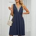thumbnail image 5 of YYDGH Women's Sleeveless Solid Dress Casual Crochet Lace Trim V Neck Mini Dress Elastic Waist Pleated Dresses with Pockets Navy M, 5 of 8