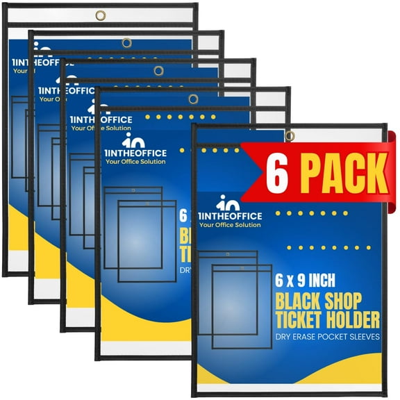 1InTheOffice Dry Erase Pocket Sleeves, Black Shop Job Ticket Holders 6x9 , (6 Pack)