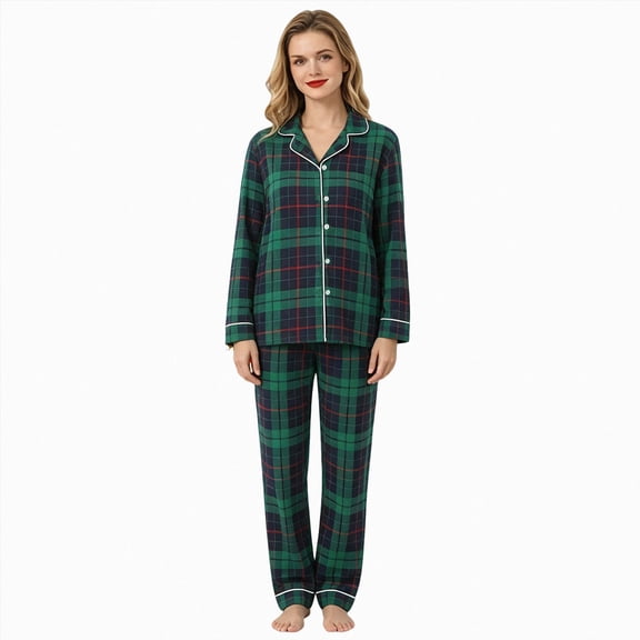 Kakishop Family Christmas Pajamas Matching Set Plaid Print Long Sleeve Tops and Pants Holiday Pjs Sleepwear Loungewear Green