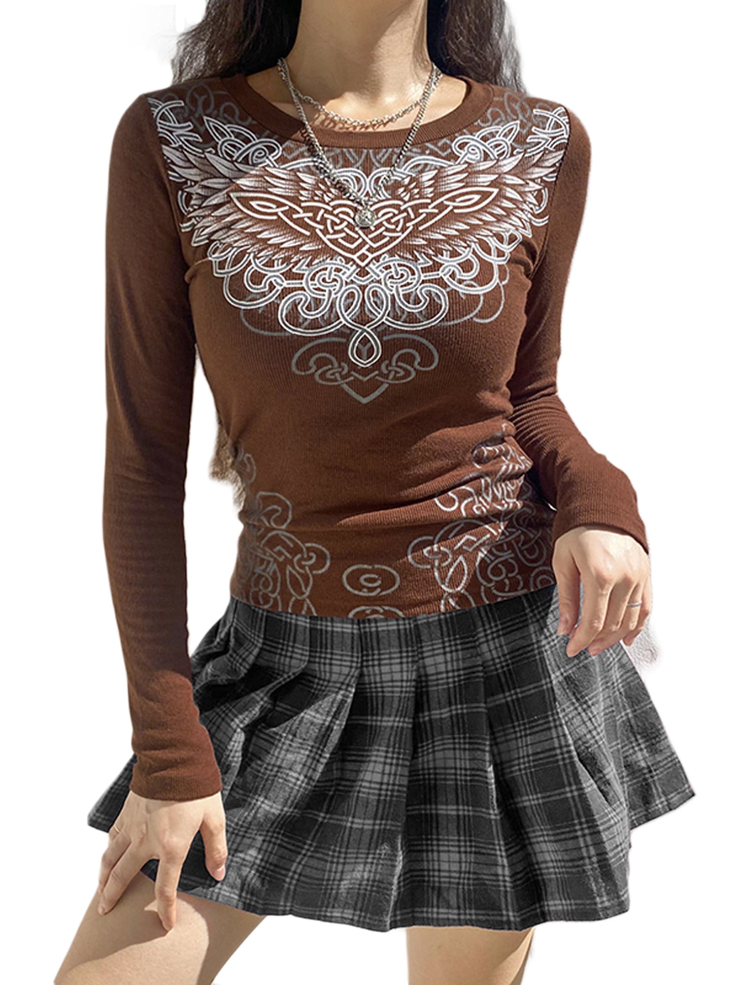 wybzd Women Y2K Long Sleeve T-Shirt Graphic Printed Crew Neck Tunic Top  Aesthetic Bodycon Crop Tops Streetwear Brown S - Walmart.com
