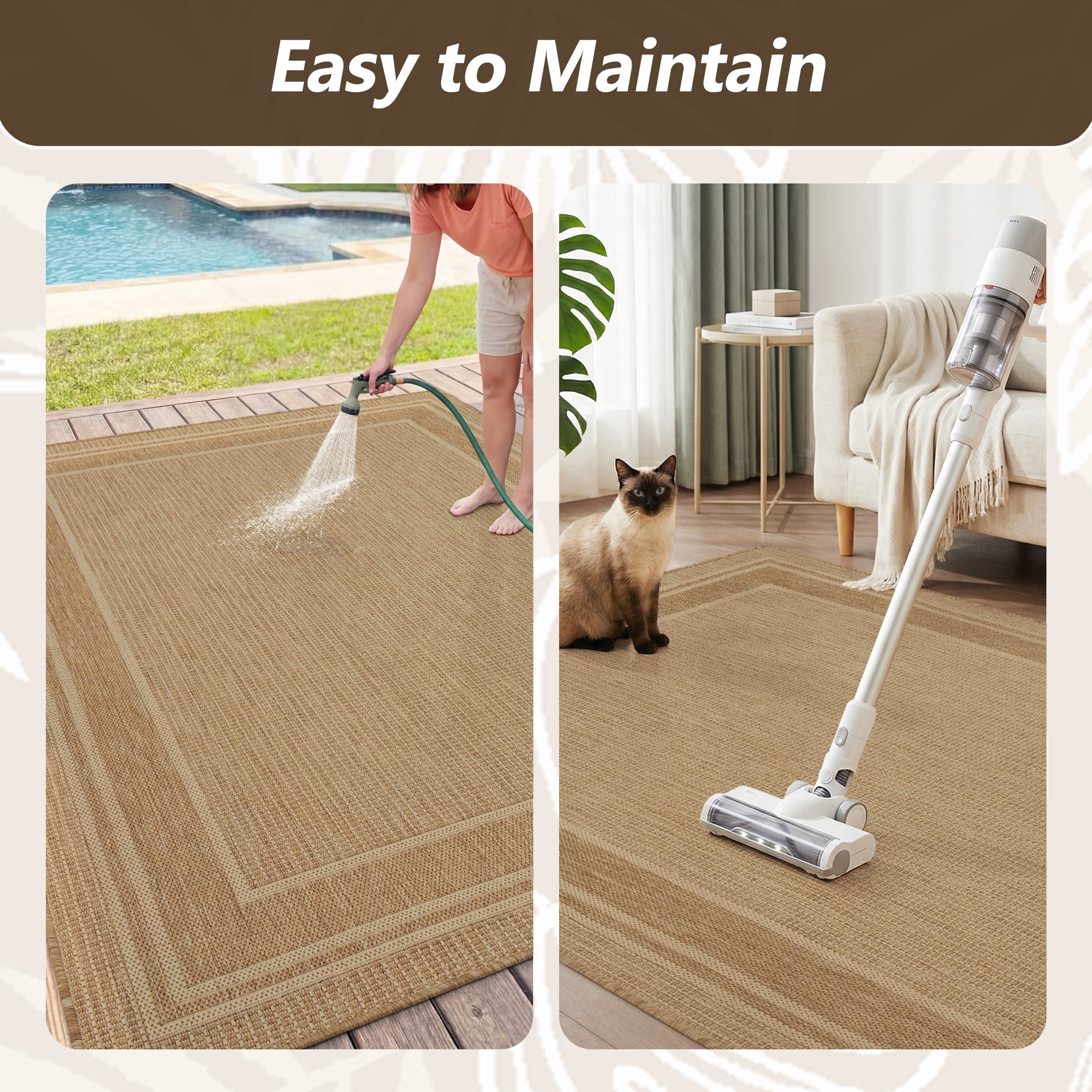 SIXHOME Outdoor Rugs 8'x10' Patio Rug Modern Bordered Indoor Outdoor Rugs Polypropylene Washable Non Shedding, Easy Clean, Waterproof, Durable Outdoor Carpet for Porch Balcony Deck Neutral Brown