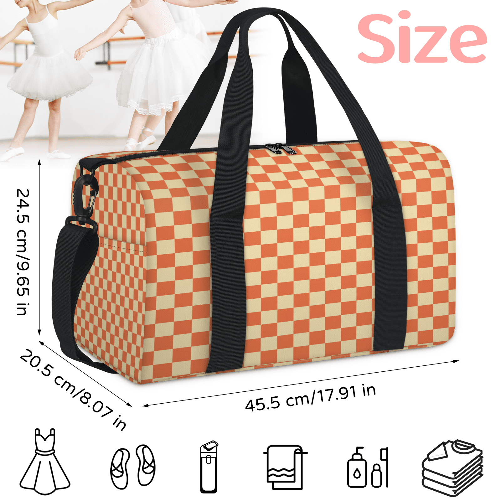 Herdesigns Checkerboard Orange Travel Duffle Bag Sports Yoga Weekender Overnight Carry on Workout Bags Lightweight Waterproof Gym Tote Bag for Women