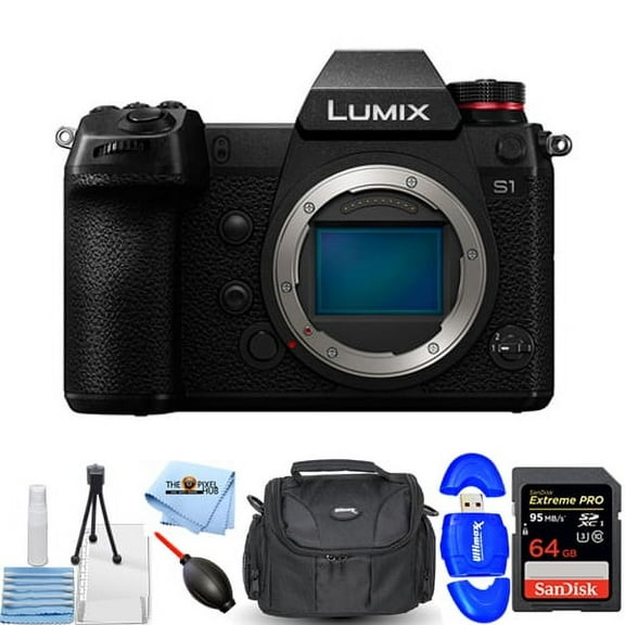 Panasonic Lumix DC-S1 Mirrorless Digital Camera (Body Only) DC-S1BODY Starter Bundle with 64GB SD, Memory Card Reader, Gadget Bag, Microfiber Cloth, Blower & Cleaning Kit