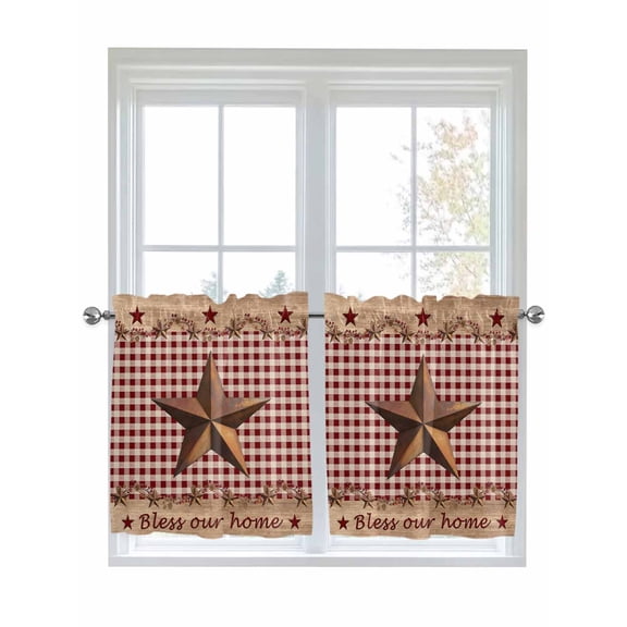 Western Texas Star Vintage 2 Panel Kitchen Curtains for Small Windows, Rustic Wreath Wood Red Plaid Bathroom Tier Curtain, Short Window Treatment for Bedroom/Living Room 55"x36"