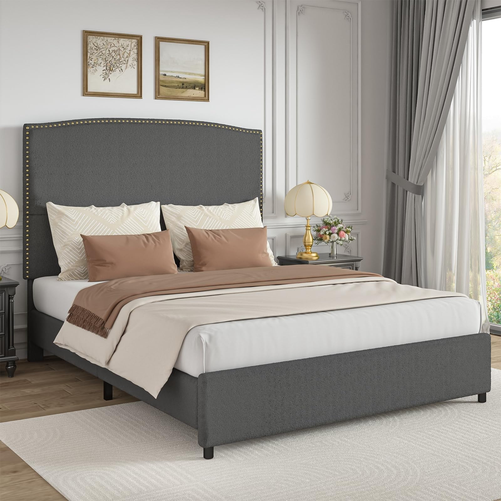 4 EVER WINNER Queen Bed Frame with 56" Tall Headboard, Queen Size Bed Fwith Nailhead Trim Headboard, Queen Upholstered Platform Bed, Grey