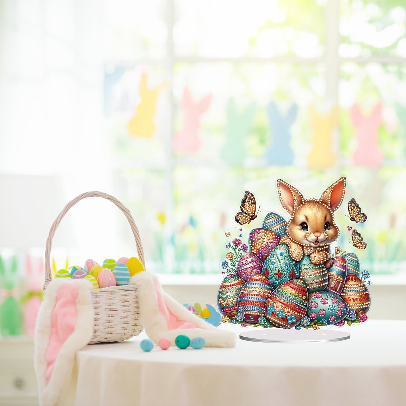 FLOPESN DIY Diamond Art Painting Easter Bunny Ornament Kits with Oval Base, Single-Sided Diamond Painting PET Craft for Home Decor