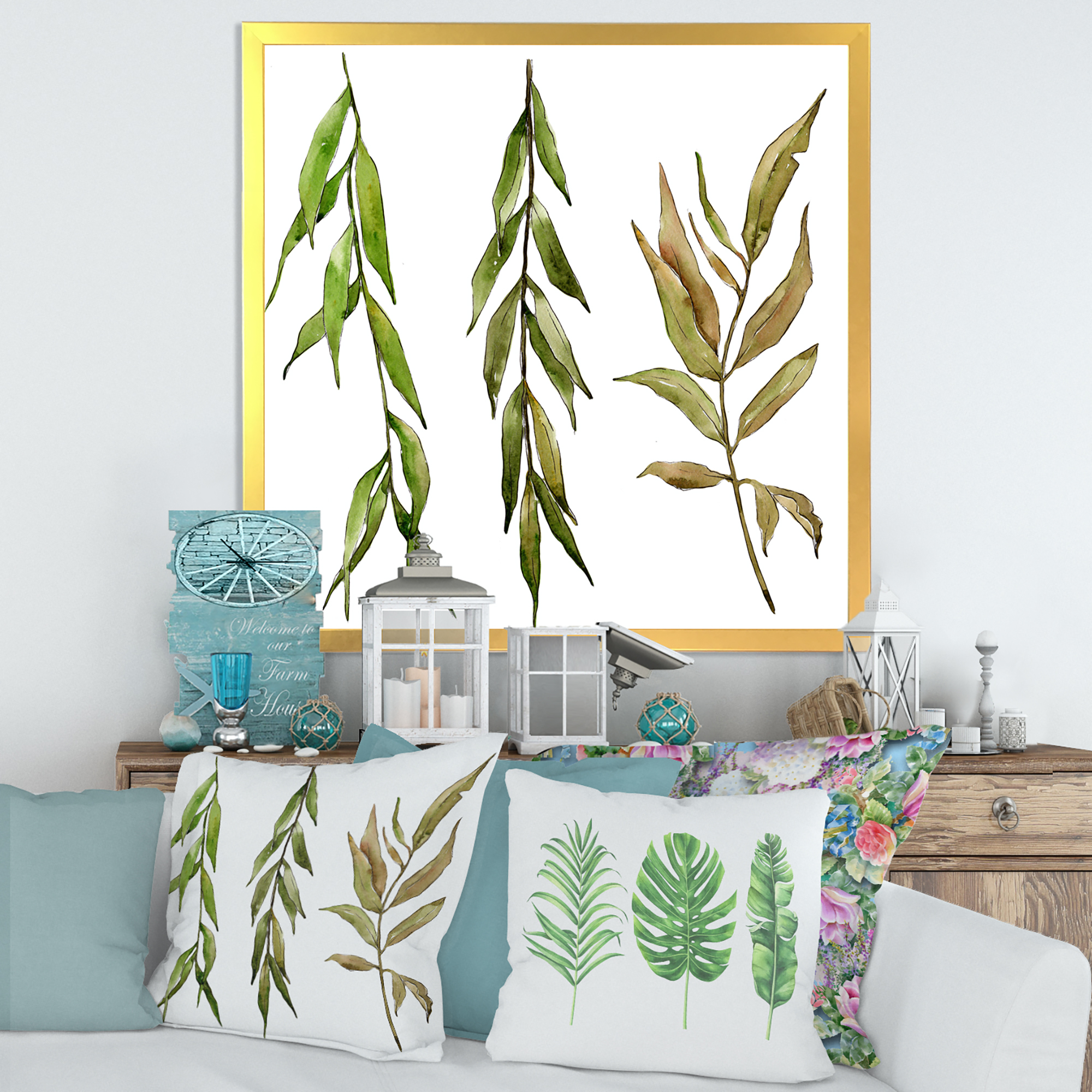 Designart 'Three Willow Branches On White' Farmhouse Framed Art Print