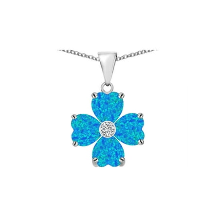 Lucky Opal Necklace - Star K 6mm Heart Shape Blue Created Opal and Cubic Zirconia Lucky Clover Pendant Necklace in Sterling Silver