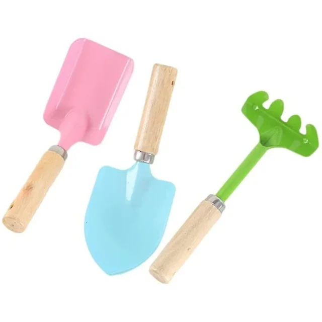 Herramientas de jardinería de color caramelo para niños, mini paleta de metal con mango de madera, rastrillo y pala para jardinería, 3 piezas (color: como se muestra, tamaño: talla única)