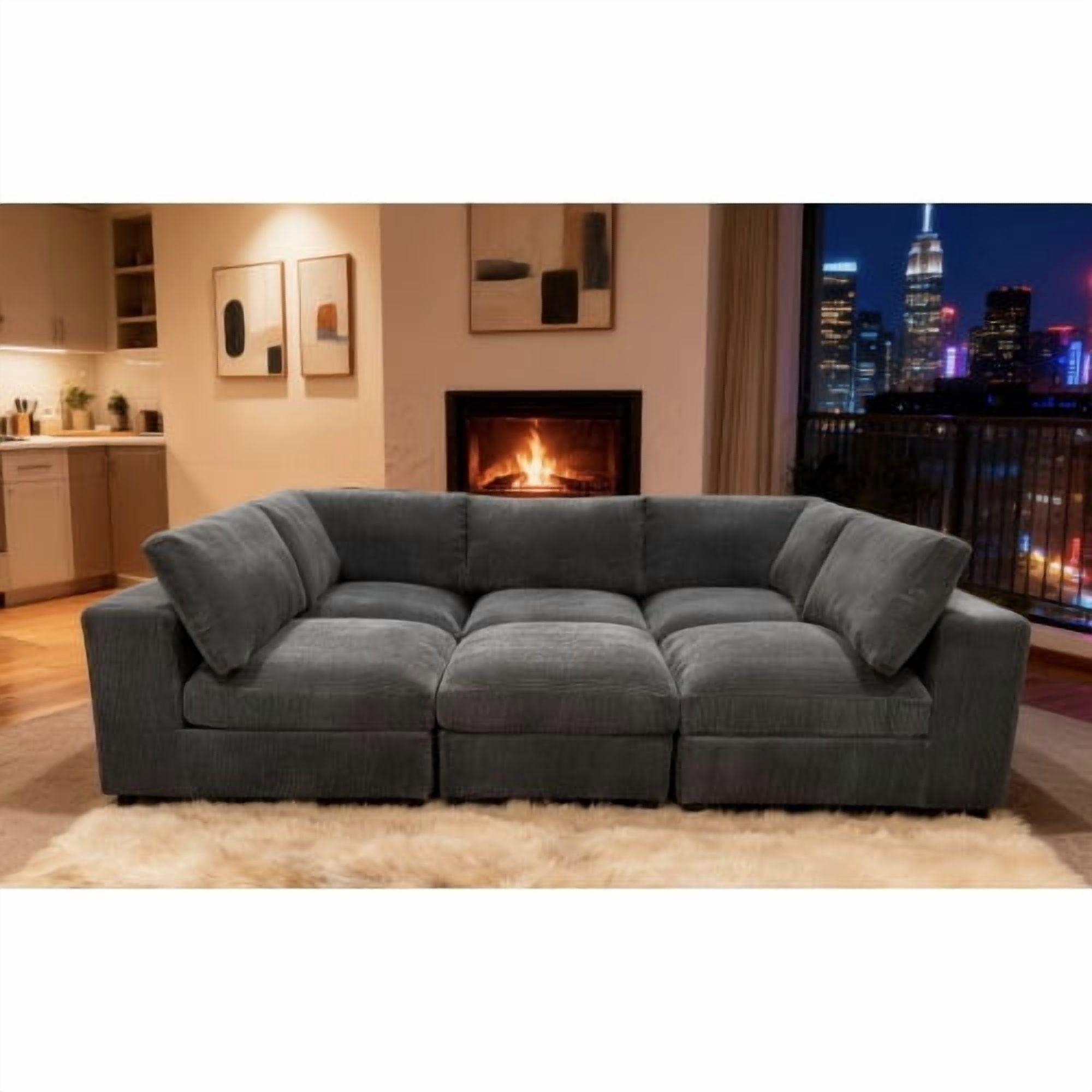 Howcool Cloud Couch Modular Sectional Sofa 6 Seat 122" L Shaped Reversible Convertible Couch, Corduroy Thick Cushion with Storage Ottomans, Washable Removable Cover for Living Room,Grey