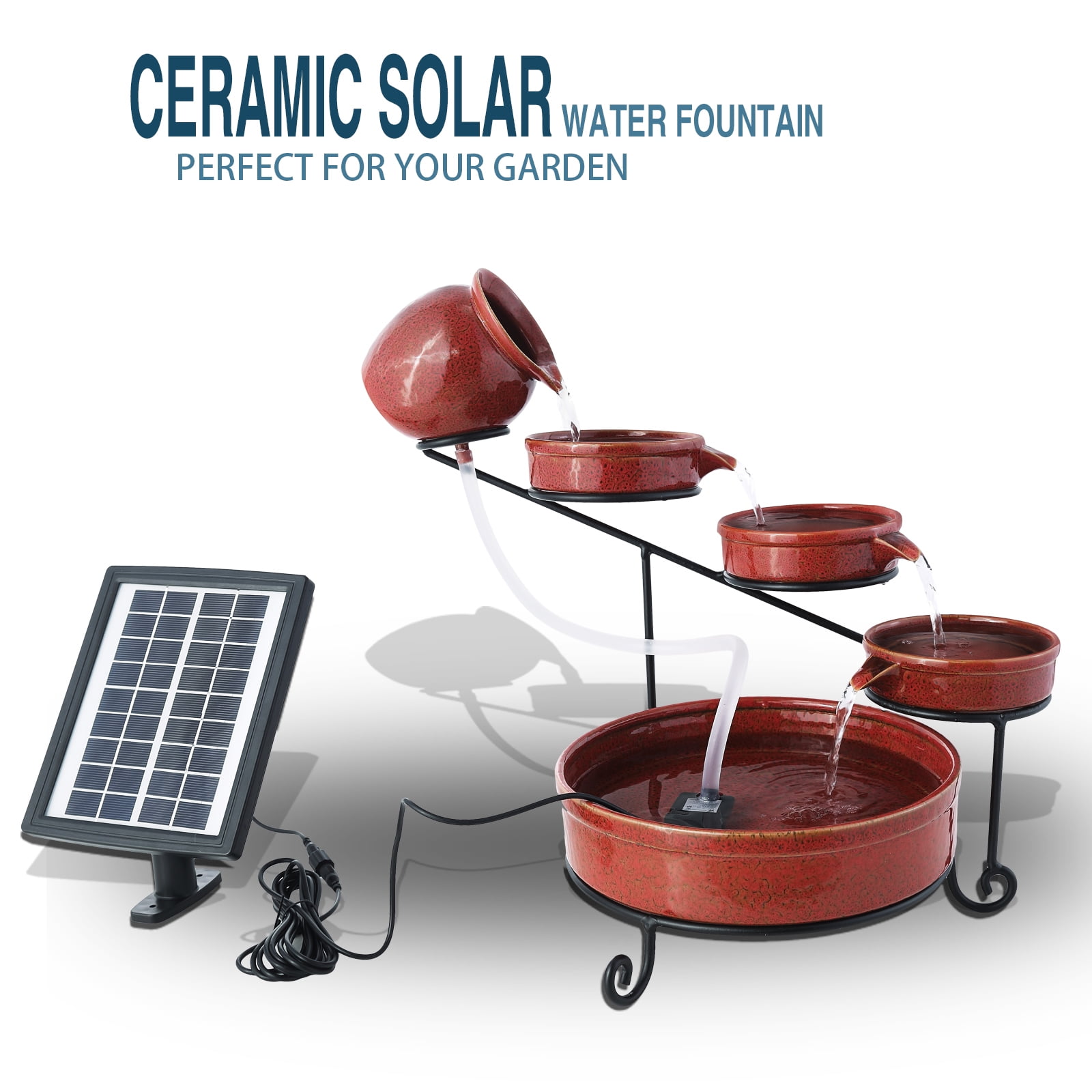 Uenjoy Ceramic Solar Water Fountain Garden Outdoors Decor Red