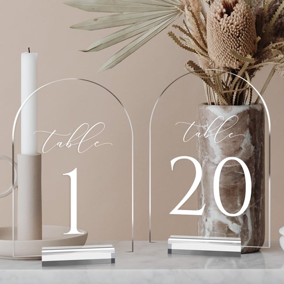 JINMURY Clear Arch Table Numbers for Wedding, 5x7 Inch Arched Acrylic Table Numbers 1-20 with Stands, Clear Acrylic Arch Sign with Holder for Centerpi