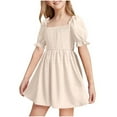 thumbnail image 2 of lcziwo Children's Square Neck Puff Sleeve Summer Dress Girls Solid Color Cute A line Mini Dress Beige Birthday Gifts, 2 of 5