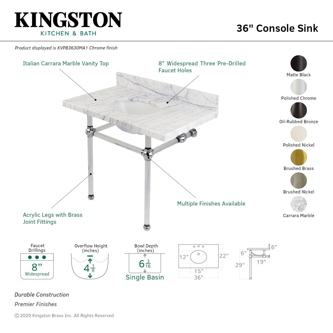 Kingston Brass KVPB3630MA1 Templeton 36" Wide Console Sink Set - Carrara Marble / Polished