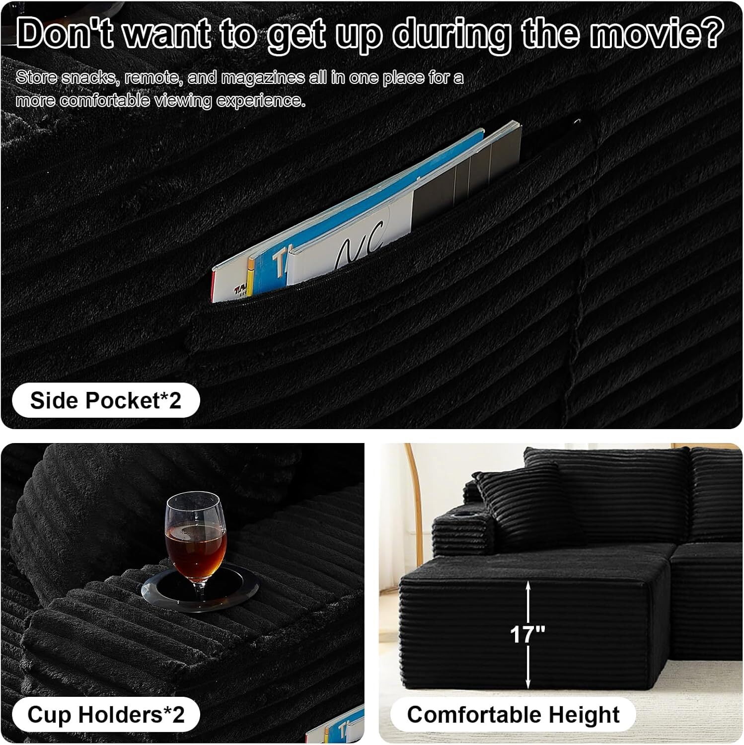 Vinform 134" Cloud Couch Modular Sectional Sofa, 5 Seat U Shaped Convertible Couch Corduroy Thick Cushion with Side Pockets and Toss Pillows for Living Room, Black