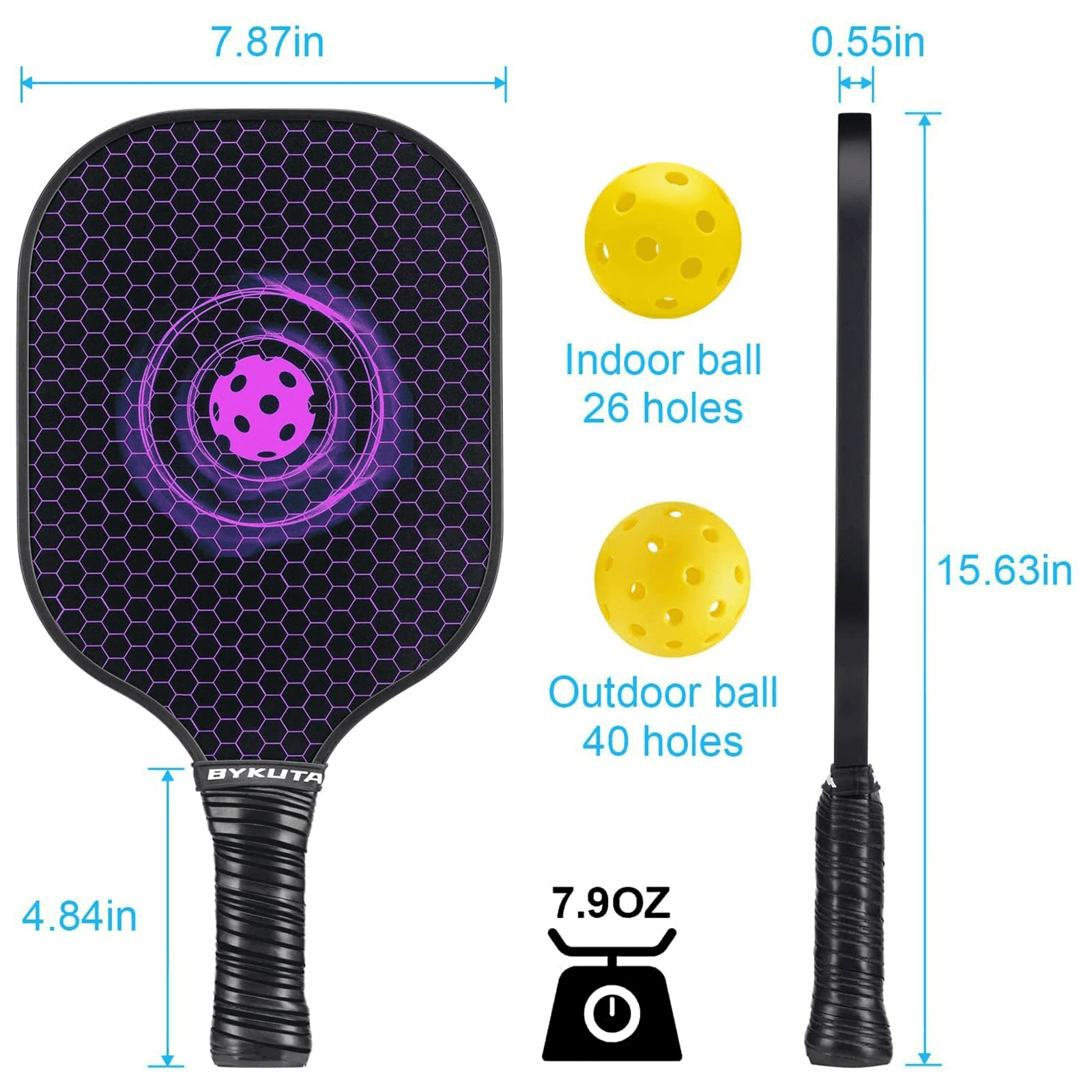 BYKUTA Pickleball Paddles Set of 2 with 4 Balls & Carry Case - Lightweight Fiberglass PP Honeycomb Core Pickleball Racket
