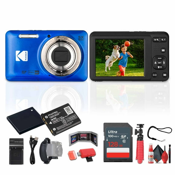Kodak Pixpro FZ55 Digital Camera (Blue) Bundle Including: 128 GB Memory Card, Rechargeable Battery, Battery Charger, Flexible Tripod, Card Reader, Card Wallet, Hand Strap, Full Cleaning Kit