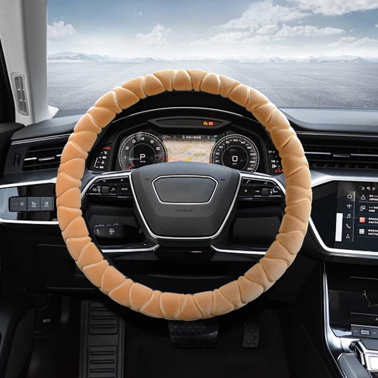 Kbndieu Car Steering Wheel Cover Women Man, Fluffy Plush for Winter Warm, Fuzzy Steering Wheel Protector, Universal 14-15 Inch, Soft & Non-Slip, Lovely Decor Winter Car Accessories (Beige)